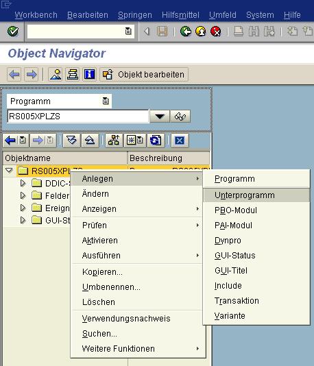 Anlegen eines Unterprogrammes über das Kontextmenü