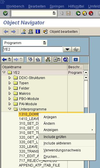 Prüfen eines Includes über das Kontextmenü